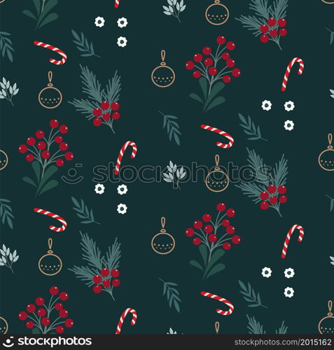 Christmas seamless pattern with green leaves, candy sticks and red berries background design.. Christmas seamless pattern with green leaves, candy sticks and red berries background design