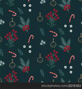 Christmas seamless pattern with green leaves, candy sticks and red berries background design.. Christmas seamless pattern with green leaves, candy sticks and red berries background design