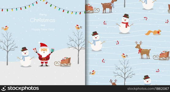 Christmas seamless pattern with greeting card on winter background for happy holiday,celebrate party,decorative,fabric,textile,kid product or wallpaper,vector illustration