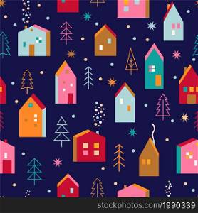 Christmas seamless pattern with hand drawn houses and christmas trees with toys in Scandinavian style. Xmas cozy decor elements. Template for invitation,wishing,design,print.Vector illustration.. Christmas seamless pattern,houses,christmas trees.