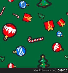 Christmas seamless pattern with holiday toys and symbols in flat cartoon style. Bauble, gift, sugar cane and Christmas Tree