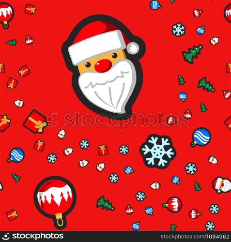 Christmas seamless pattern with holiday toys and symbols in flat cartoon style. Santa Claus, snowflake, gift and Christmas Tree