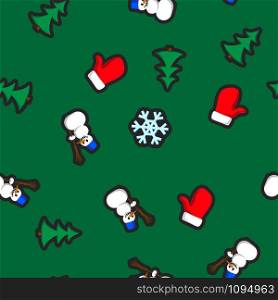 Christmas seamless pattern with holiday toys and symbols in flat cartoon style. Snowman, mitten, fir and snowflake as winter holiday fun signs