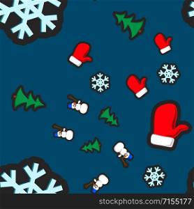 Christmas seamless pattern with holiday toys and symbols in flat cartoon style. Snowman, mitten, fir and snowflake as winter holiday fun signs