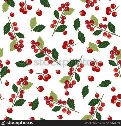 Christmas seamless pattern with holly berries background, Winter pattern with holly, wrapping paper, pattern fills, winter greetings, web page background, Christmas and New Year greeting cards