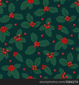 Christmas seamless pattern with holly berries background, Winter pattern with holly, wrapping paper, pattern fills, winter greetings, web page background, Christmas and New Year greeting cards
