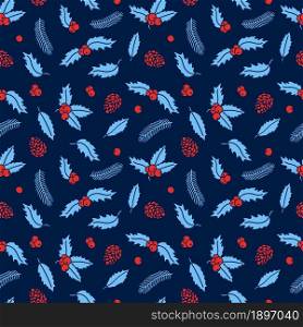 Christmas seamless pattern with holly leaves and rowan red berry
