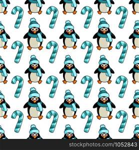 Christmas seamless pattern with kawaii cute penguin or polar bird, candy cane, lollipop, cartoon character dressed in hat and scarf, endless texture for textile, scrapbook, wrapping paper, cute new year decoration - vector. vector kawaii Christmas collection