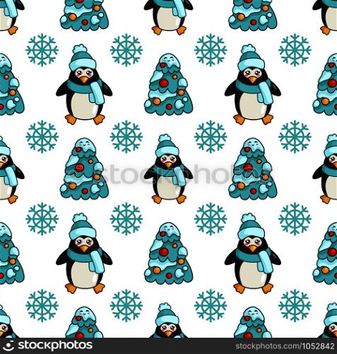 Christmas seamless pattern with kawaii cute penguin or polar bird, snowflake, christmas tree, cartoon character dressed in hat, endless texture for textile, scrapbook, wrapping paper, cute new year decoration - vector. vector kawaii Christmas collection