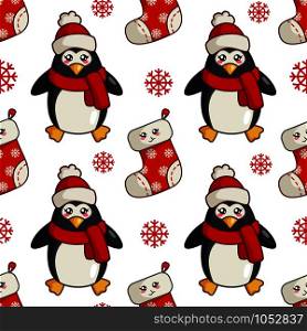 Christmas seamless pattern with kawaii cute penguin or polar bird, snowflake, sock, cartoon character dressed in santa hat and scarf, endless texture for textile, scrapbook or wrapping paper, new year decoration - vector. vector kawaii Christmas collection