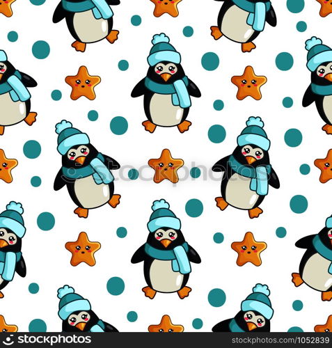 Christmas seamless pattern with kawaii cute penguin or polar bird, stars, dots, cartoon character dressed in hat and scarf, endless texture for textile, scrapbook, wrapping paper, new year decoration - vector. vector kawaii Christmas collection