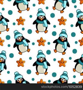 Christmas seamless pattern with kawaii cute penguin or polar bird, stars, dots, cartoon character dressed in hat and scarf, endless texture for textile, scrapbook, wrapping paper, new year decoration - vector. vector kawaii Christmas collection