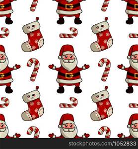 Christmas seamless pattern with kawaii cute Santa Claus or noel, old man and sweet candy cane, endless texture for textile, scrapbook or wrapping paper, cute new year decoration - vector. vector kawaii Christmas collection