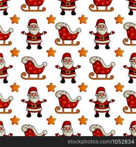 Christmas seamless pattern with kawaii cute Santa Claus or noel, old man and his winter sleigh, endless texture for textile, scrapbook or wrapping paper, cute new year decoration - vector. vector kawaii Christmas collection