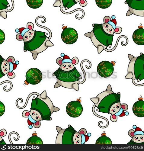 Christmas seamless pattern with kawaii fat mouse in sweater and santa hat - sumbol of 2020 - and decorative balls. Texture for textile, scrapbook or wrapping paper, cute new year decoration - vector. vector kawaii Christmas collection