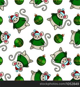 Christmas seamless pattern with kawaii fat mouse in sweater and santa hat - sumbol of 2020 - and decorative balls. Texture for textile, scrapbook or wrapping paper, cute new year decoration - vector. vector kawaii Christmas collection