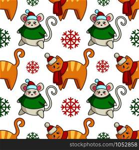 Christmas seamless pattern with kawaii fat mouse - sumbol of 2020 - and cute cat in santa hat, snowflakes. Endless texture for textile, scrapbook or wrapping paper, new year decoration - vector. vector kawaii Christmas collection
