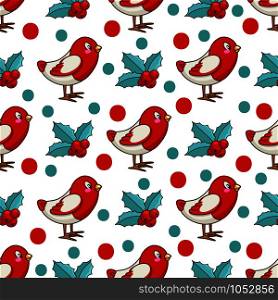 Christmas seamless pattern with kawaii little bird bullfinch and holly plant, endless texture for print, textile, scrapbook, wrapping paper, new year polka dot background - vector. vector kawaii Christmas collection