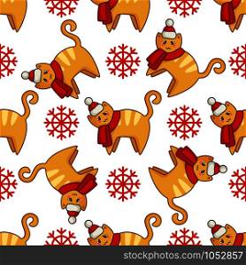 Christmas seamless pattern with kawaii red cat or kitten dressed in santa hat and scarf, snowflakes. Endless texture for textile, scrapbook or wrapping paper, cute new year decoration - vector. vector kawaii Christmas collection