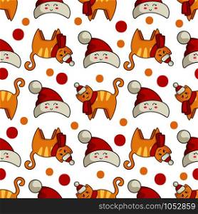Christmas seamless pattern with kawaii red cat or kitten dressed in santa hat and scarf, polka dot background. Texture for textile, scrapbook or wrapping paper, cute new year decoration - vector. vector kawaii Christmas collection