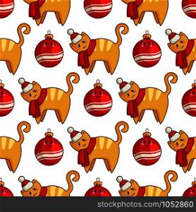 Christmas seamless pattern with kawaii red cat or kitten dressed in santa hat and scarf, decorative balls. Endless texture for textile, scrapbook or wrapping paper, cute new year decoration - vector. vector kawaii Christmas collection