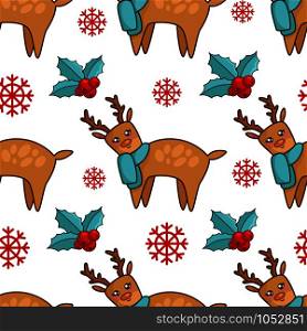 Christmas seamless pattern with kawaii reindeer in blue scarf, holly berries and snowflakes. Cute winter animal. Endless texture for textile, scrapbook or wrapping paper, new year decoration - vector. vector kawaii Christmas collection