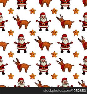Christmas seamless pattern with kawaii reindeer in red scarf, cute stars and santa claus or noel. Cute winter animal. Endless texture for textile, scrapbook or wrapping paper, new year decoration - vector. vector kawaii Christmas collection
