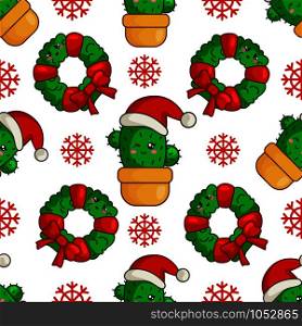 Christmas seamless pattern with kawaii smiling cactus or succulent in santa hat, floral wreath, snowflakes, endless texture for textile, scrapbook or wrapping paper, cute new year decoration - vector. vector kawaii Christmas collection