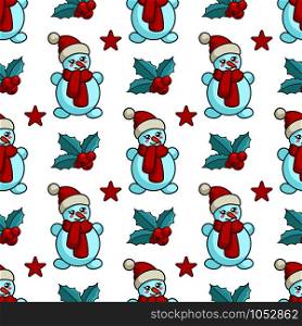 Christmas seamless pattern with kawaii snowman in santa hat and red scarf, stars and holly berries. Cute winter character. texture for textile, scrapbook or wrapping paper, new year decoration - vector. vector kawaii Christmas collection