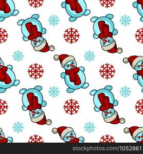 Christmas seamless pattern with kawaii snowman in santa hat and red scarf, snowflakes. Cute winter smiling character. texture for textile, scrapbook or wrapping paper, new year decoration - vector. vector kawaii Christmas collection