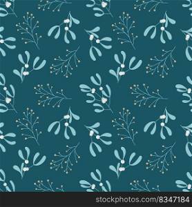 Christmas seamless pattern with mistletoe against dark green background. Simple cartoon style. Vector background for winter holidays, print on fabric, wrapping paper, textile.. Christmas seamless pattern with mistletoe against dark green background. Simple cartoon style.