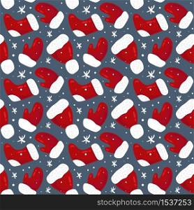 Christmas seamless pattern with mittens, hats and snowflakes. Perfect for wallpaper, gift paper, pattern fills, textile, Christmas and New Year greetings cards.. Christmas seamless pattern with mittens, hats and snowflakes. Perfect for wallpaper, gift paper, pattern fills, textile, Christmas and New Year greetings cards