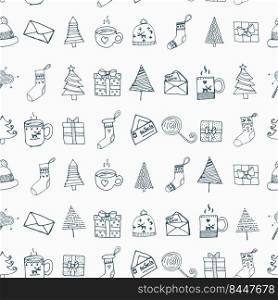 Christmas seamless pattern with New Year icons in green. Christmas symbols of fir trees, cups, letters, hats, gifts and sweets in endless print