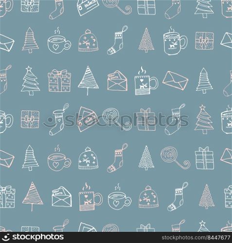 Christmas seamless pattern with New Year icons in pink on a blue background. Christmas symbols of fir trees, cups, letters, hats, gifts and sweets in endless print