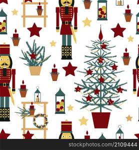 Christmas seamless pattern with Nutcracker, Christmas tree, stars and lanterns.. Christmas pattern with Nutcracker, Christmas tree, stars