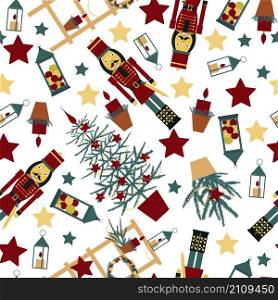 Christmas seamless pattern with Nutcracker, Christmas tree, stars and lanterns.. Christmas pattern with Nutcracker, Christmas tree, stars