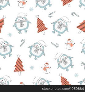 Christmas seamless pattern with penguin background, Winter pattern with snowman, wrapping paper, pattern fills, winter greetings, web page background, Christmas and New Year greeting cards