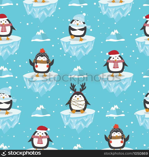 Christmas seamless pattern with penguin on ice floe background, Winter pattern, wrapping paper, pattern fills, winter greetings, web page background, Christmas and New Year greeting cards