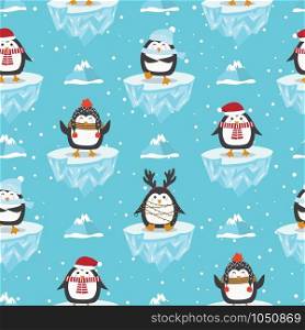 Christmas seamless pattern with penguin on ice floe background, Winter pattern, wrapping paper, pattern fills, winter greetings, web page background, Christmas and New Year greeting cards