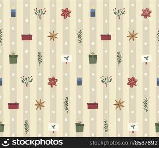 Christmas seamless pattern with plants and gifts