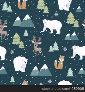 Christmas seamless pattern with polar bear background, Winter pattern with deer and fox, wrapping paper, pattern fills, winter greetings, web page background, Christmas and New Year greeting cards