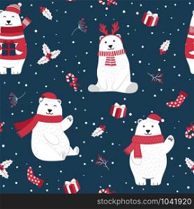 Christmas seamless pattern with polar bear background, Winter pattern with holly berry, wrapping paper, pattern fills, winter greetings, web page background, Christmas and New Year greeting cards