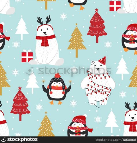 Christmas seamless pattern with polar bear background, Winter pattern with penguin, wrapping paper, pattern fills, winter greetings, web page background, Christmas and New Year greeting cards