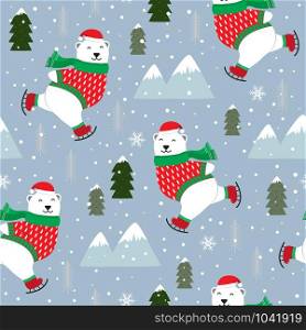 Christmas seamless pattern with polar bear ice skate background, Winter pattern with white bear ice skate, wrapping paper, pattern fills, winter greetings, web page background, Christmas and New Year greeting cards