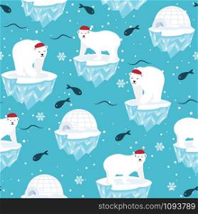 Christmas seamless pattern with polar bear on ice floe background, Winter pattern with polar bear, wrapping paper, pattern fills, winter greetings, web page background, Christmas and New Year greeting cards