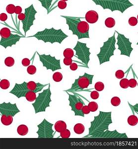 Christmas seamless pattern with red berries and leaves vector illustration. Background with traditional botanical elements. Christmas and New Years template for fabric and packaging.. Christmas seamless pattern with red berries and leaves vector illustration.