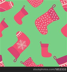 Christmas seamless pattern with red Christmas socks with snowflakes, specks. Christmas seamless pattern with red Christmas socks with snowflakes