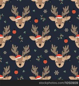 Christmas seamless pattern with reindeer background, Winter pattern with deer and decoration lights, wrapping paper, pattern fills, winter greetings, web page background, Christmas and New Year greeting cards