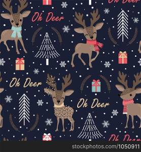Christmas seamless pattern with reindeer background, Winter pattern with deer, wrapping paper, pattern fills, winter greetings, web page background, Christmas and New Year greeting cards