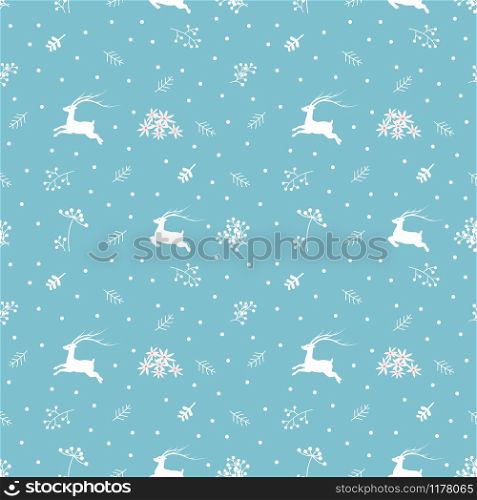 Christmas seamless pattern with reindeers and fir branches on soft blue background,vector illustration